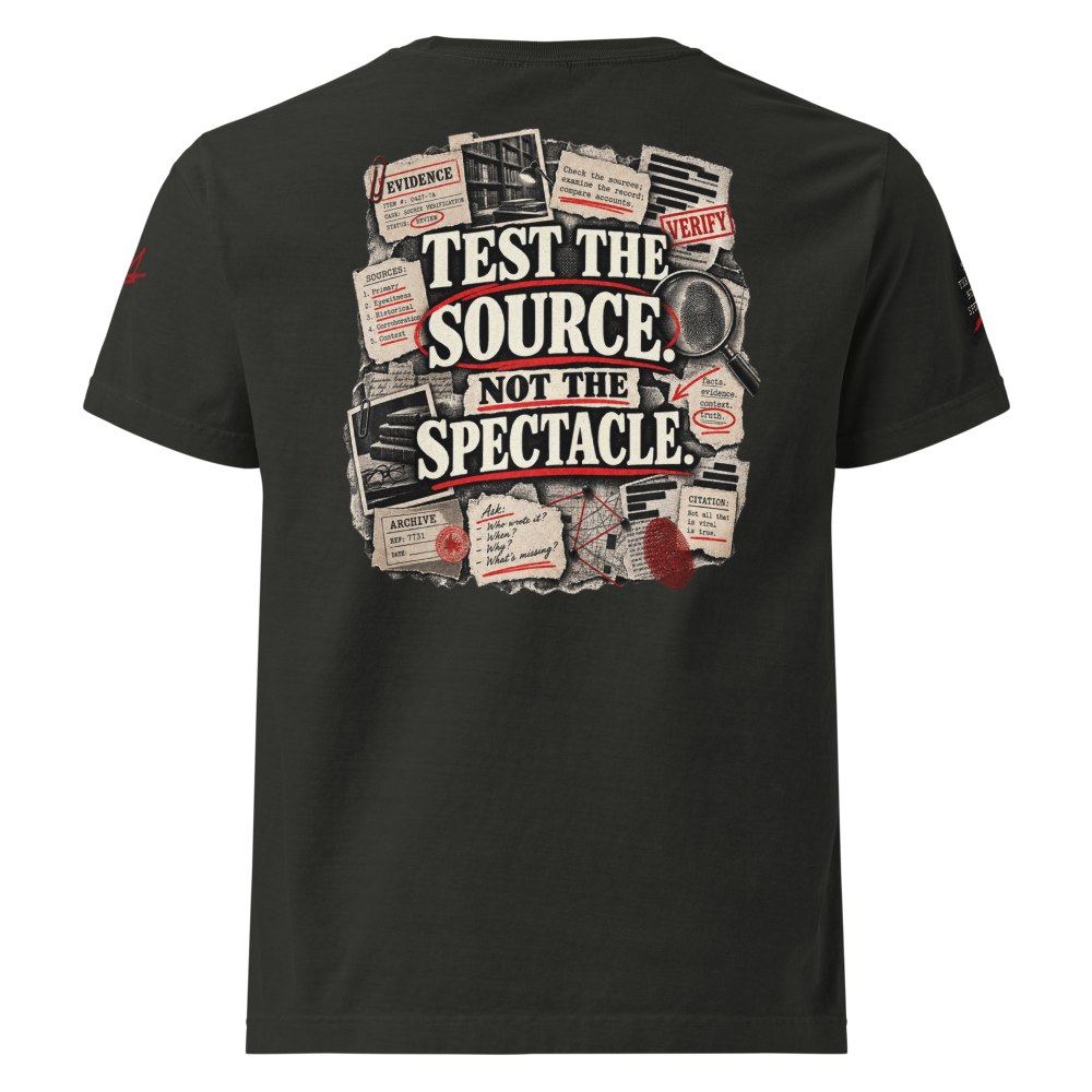 Christian Discernment Oversized T-Shirt — Test the Source, Not the Spectacle II — black, back. Gospel Noir Christian T-shirt by Heavenly Crafted, Christian streetwear