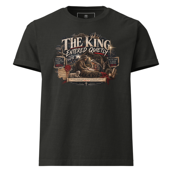 The King Entered Quietly oversized Christian Christmas T-shirt with Gospel Noir Bethlehem and Luke 2 design.