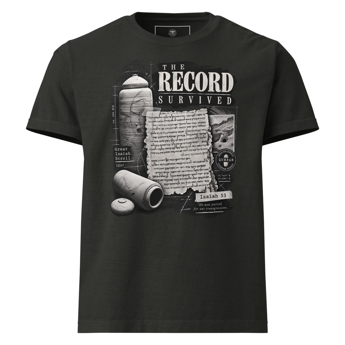 The Record Survived Dead Sea Scrolls Christian oversized T-shirt, washed black front view.
