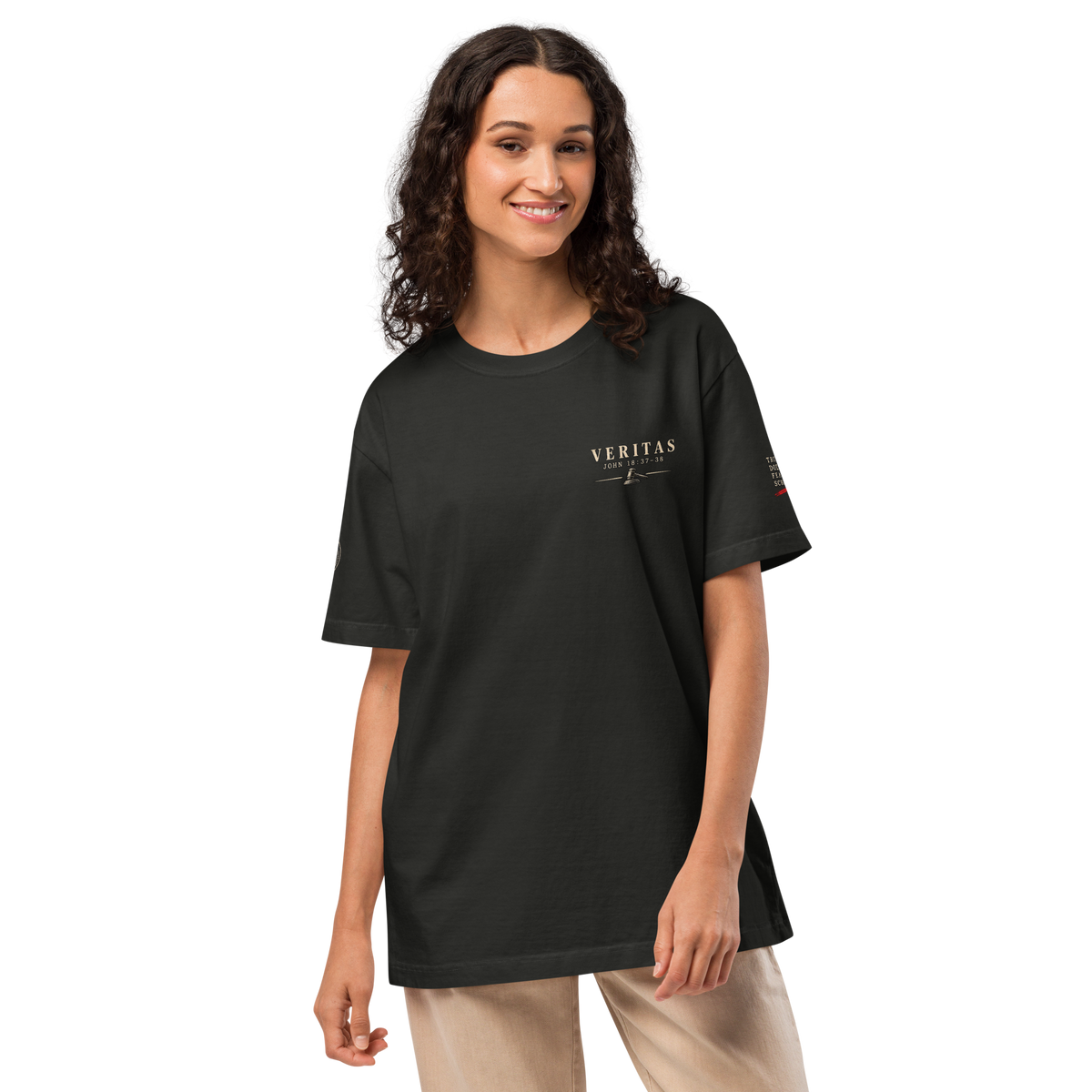 The Truth Can Handle Questions Christian apologetics oversized T-shirt by Gospel Noir, product view.