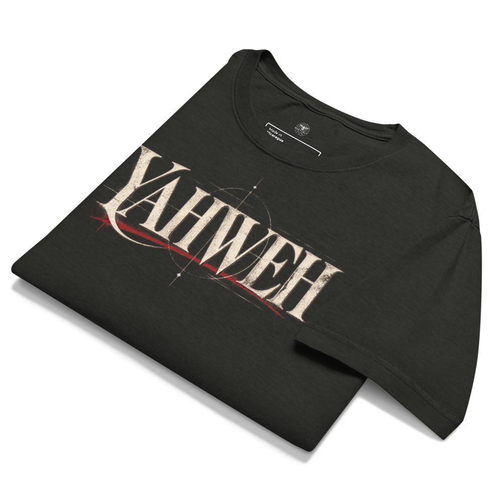 Yahweh Christian Oversized T-Shirt — Name of God Streetwear — black, front. Gospel Noir Christian T-shirt by Heavenly Crafted, faith-based apparel for men and women