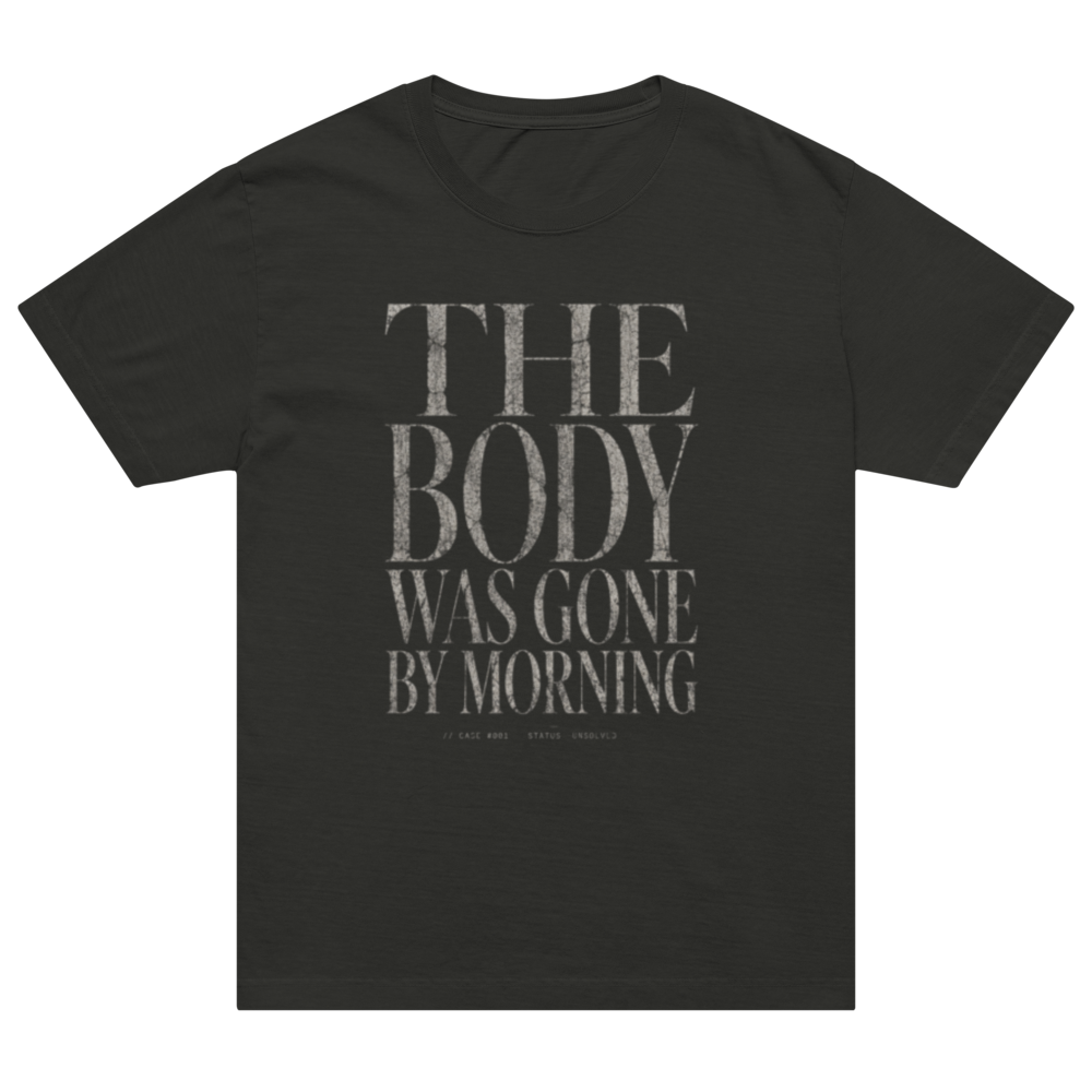 Christian Resurrection Oversized T-Shirt — The Body Was Gone by Morning — black, front. Gospel Noir Christian T-shirt by Heavenly Crafted, Christmas Christian streetwear gift