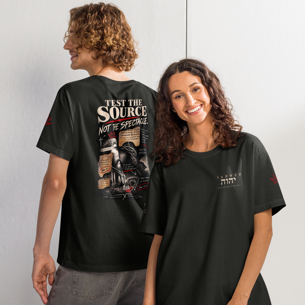 Christian Discernment Oversized T-Shirt — Test the Source, Not the Spectacle — black, front back. Gospel Noir Christian T-shirt by Heavenly Crafted, faith-based apparel for men and women