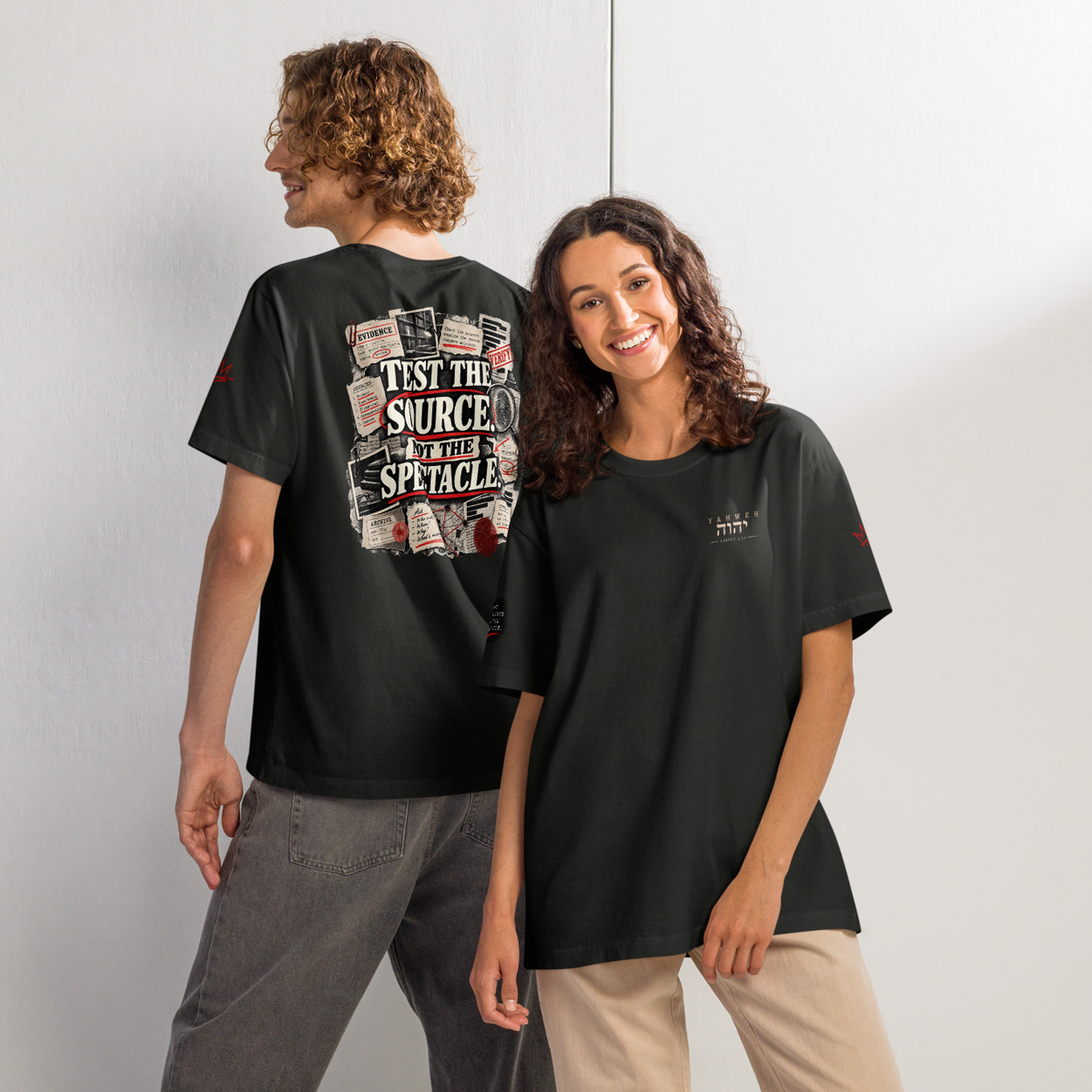 Christian Discernment Oversized T-Shirt — Test the Source, Not the Spectacle II — washed black, front-and-back product view. Gospel Noir Christian T-shirt by Heavenly Crafted, Christmas Christian streetwear gift