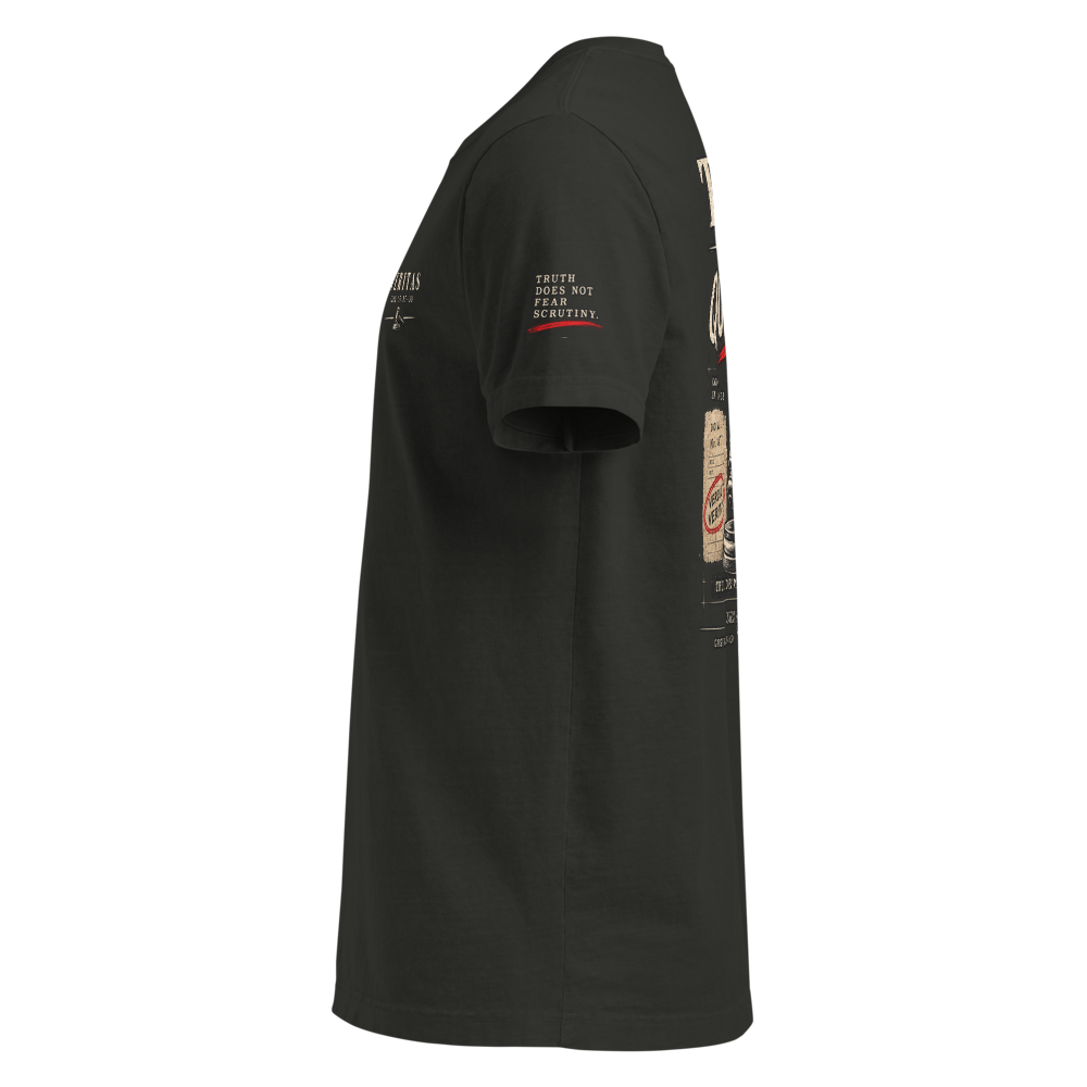 The Truth Can Handle Questions Christian Oversized T-Shirt — Apologetics Streetwear — black, left. Gospel Noir Christian T-shirt by Heavenly Crafted, faith-based apparel for men and women