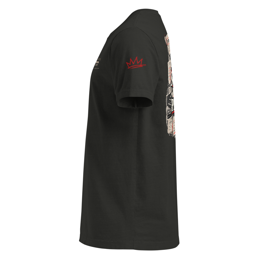 Christian Discernment Oversized T-Shirt — Test the Source, Not the Spectacle II — black, left. Gospel Noir Christian T-shirt by Heavenly Crafted, faith-based apparel for men and women