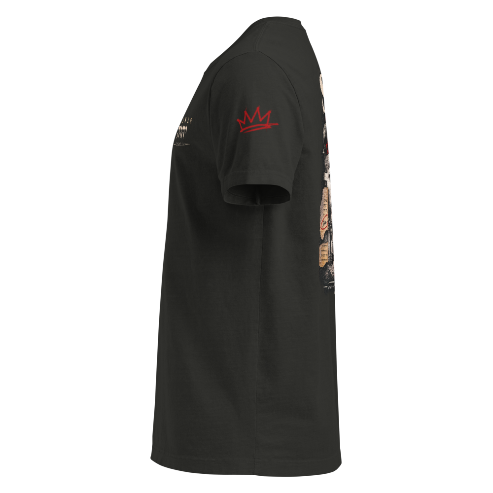 Christian Discernment Oversized T-Shirt — Test the Source, Not the Spectacle — black, left. Gospel Noir Christian T-shirt by Heavenly Crafted, faith-based apparel for men and women