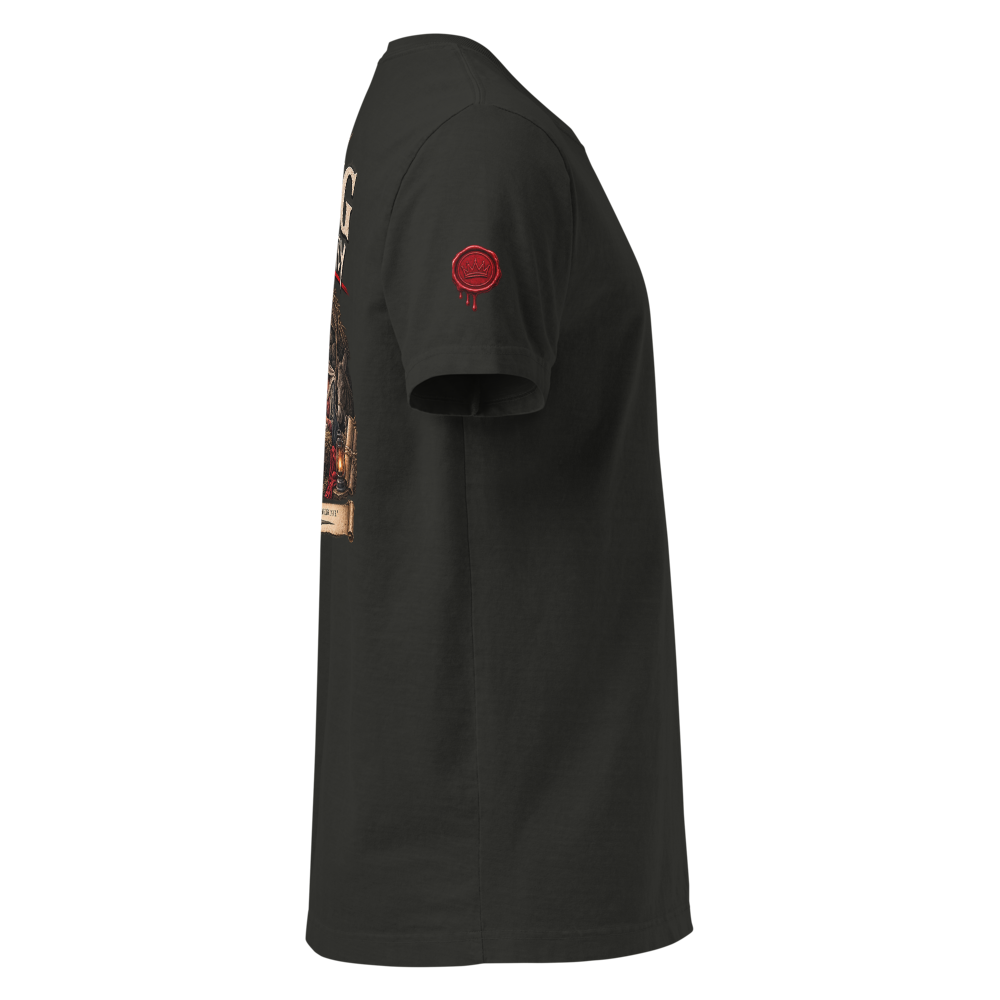 THE KING CAME QUIETLY Christian Christmas Oversized T-Shirt — The King Came Quietly — black, right. Gospel Noir Christian T-shirt by Heavenly Crafted, Bible verse shirt