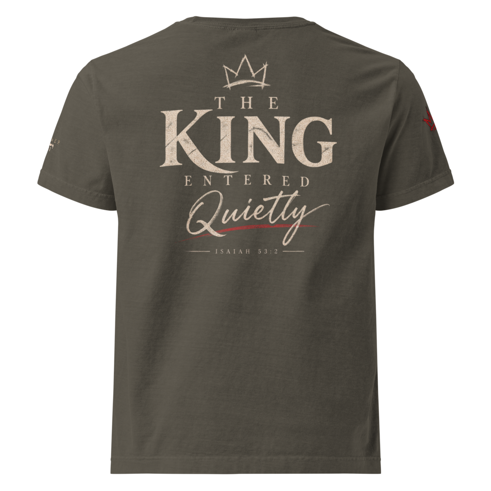 Christ the King Christian Oversized T-Shirt — charcoal, back. Gospel Noir Christian T-shirt by Heavenly Crafted, Bible verse shirt