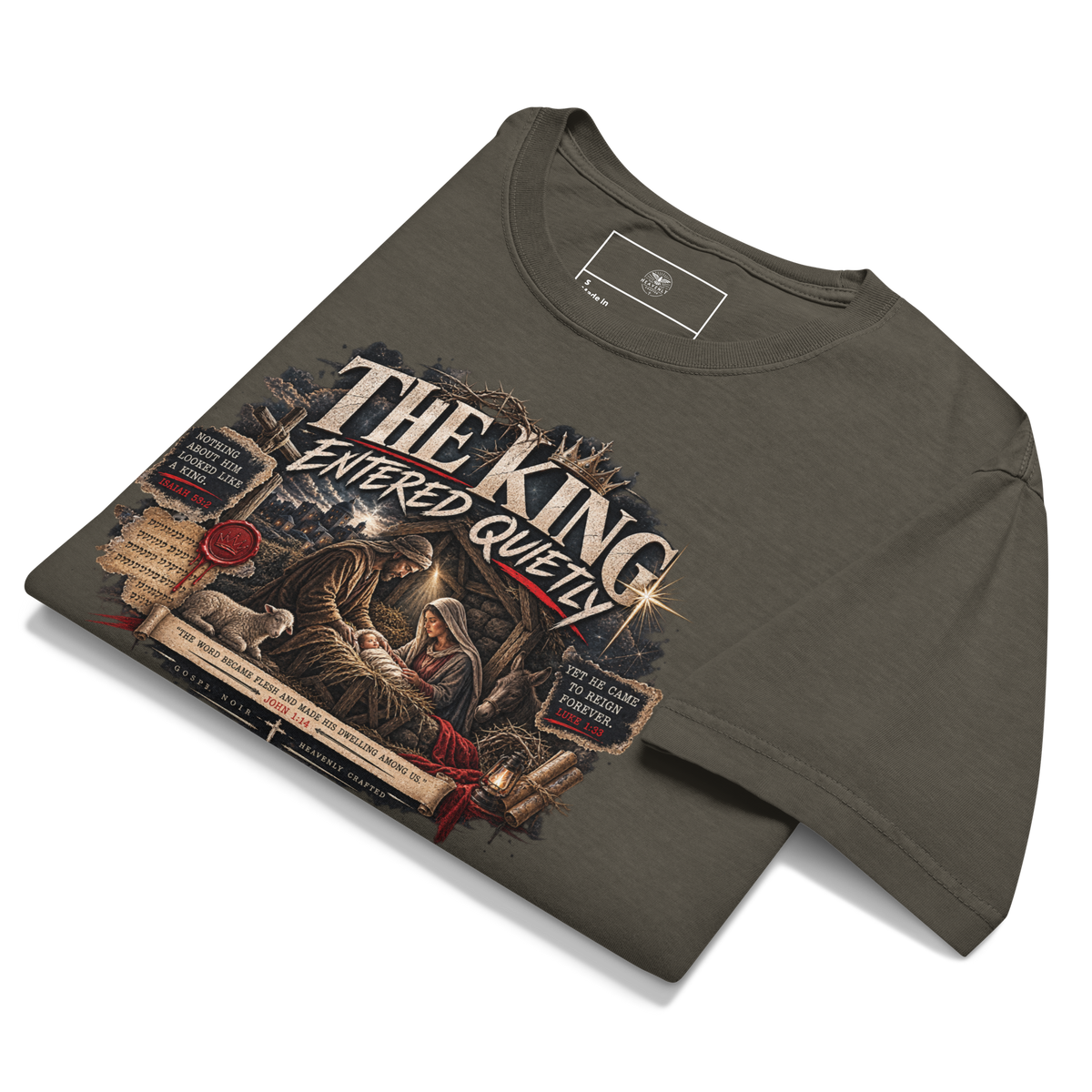 The King Entered Quietly oversized Christian Christmas T-shirt with Gospel Noir Bethlehem and Luke 2 design.