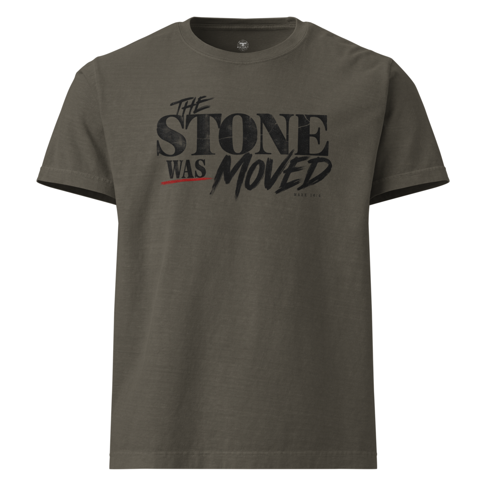 The Stone Was Gone by Morning Christian oversized T-shirt — washed charcoal, front view