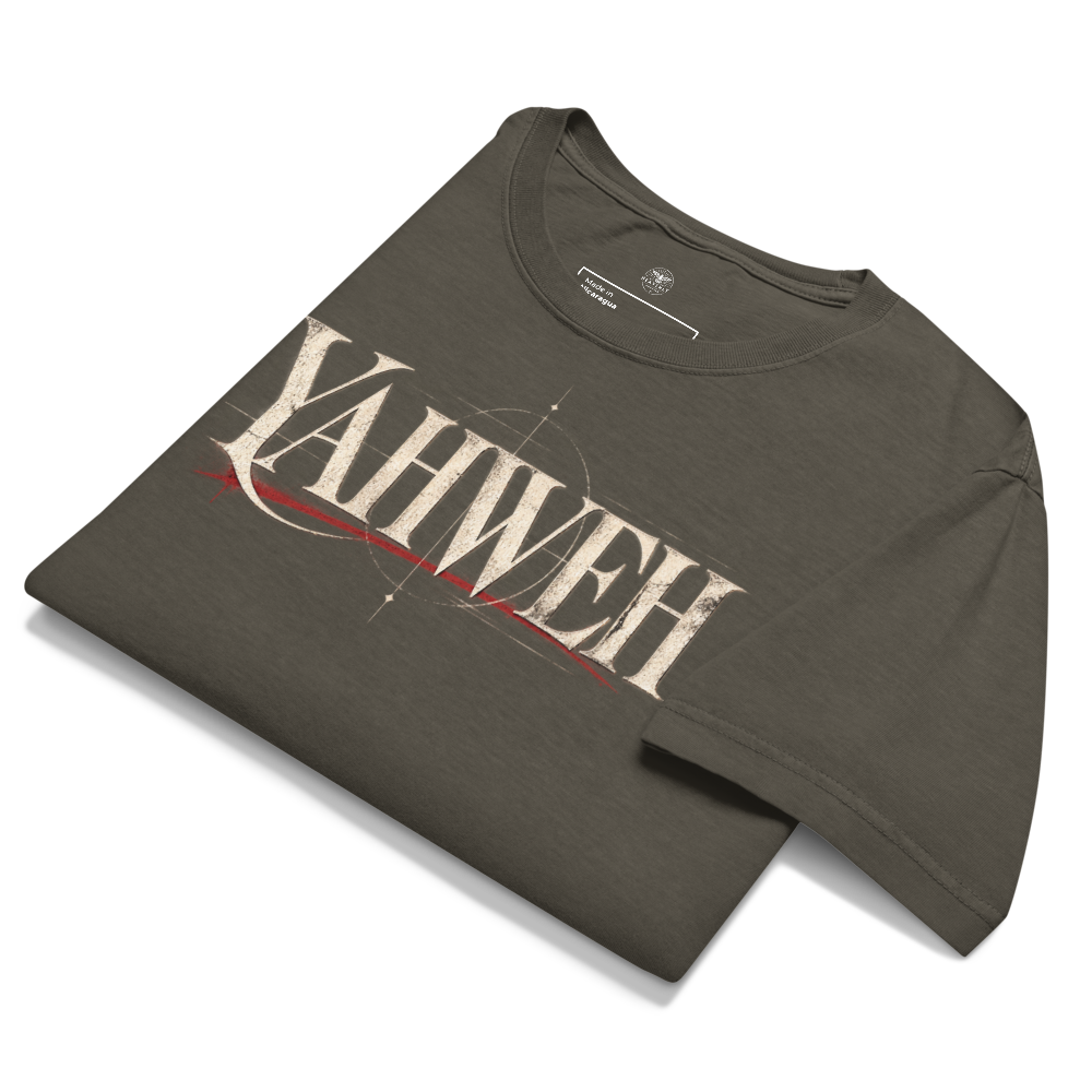 Yahweh Christian Oversized T-Shirt — Name of God Streetwear — charcoal, front. Gospel Noir Christian T-shirt by Heavenly Crafted, film noir Christian apparel