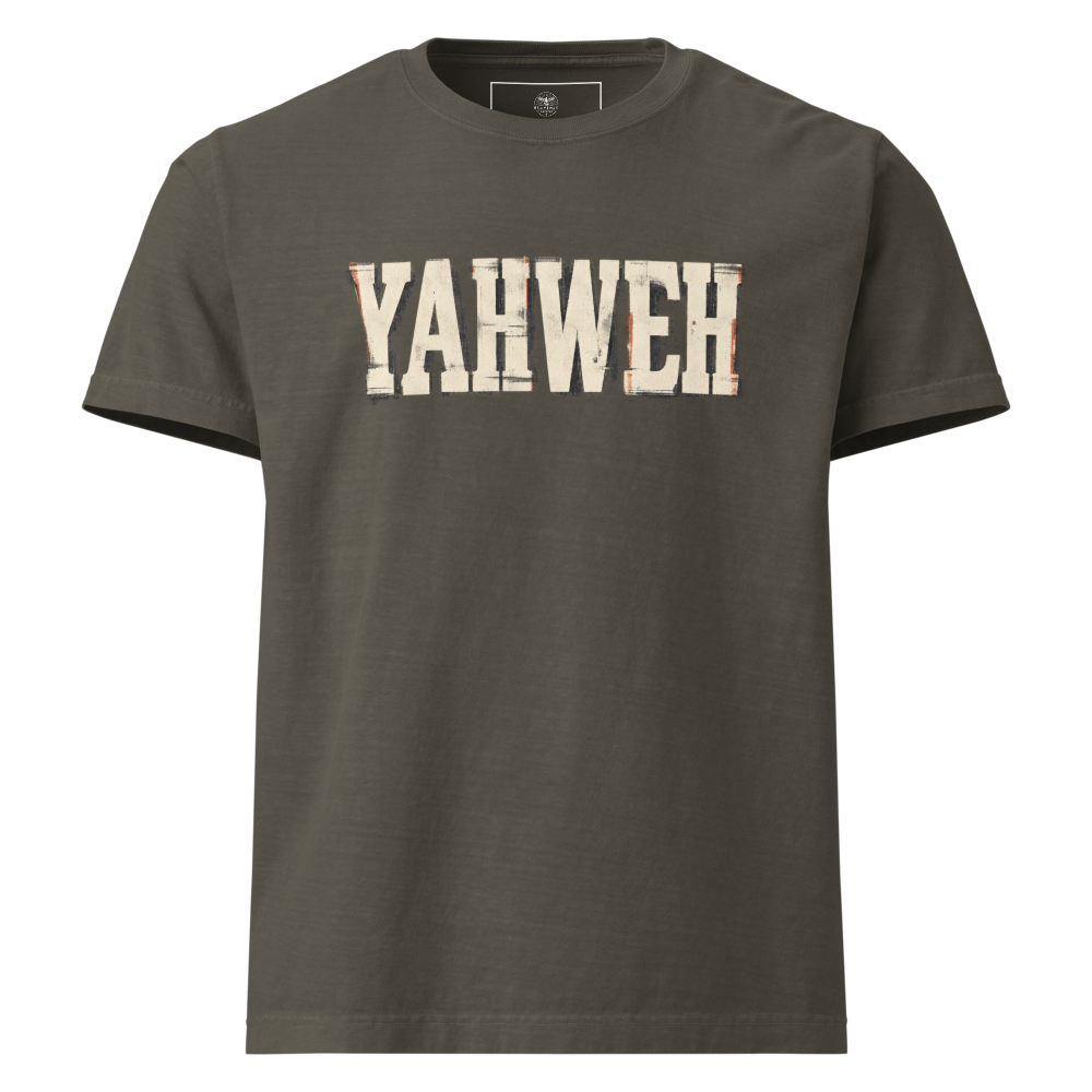 Yahweh Christian Oversized T-Shirt — Sacred Name Archive Edition — charcoal, front. Gospel Noir Christian T-shirt by Heavenly Crafted, Bible verse shirt
