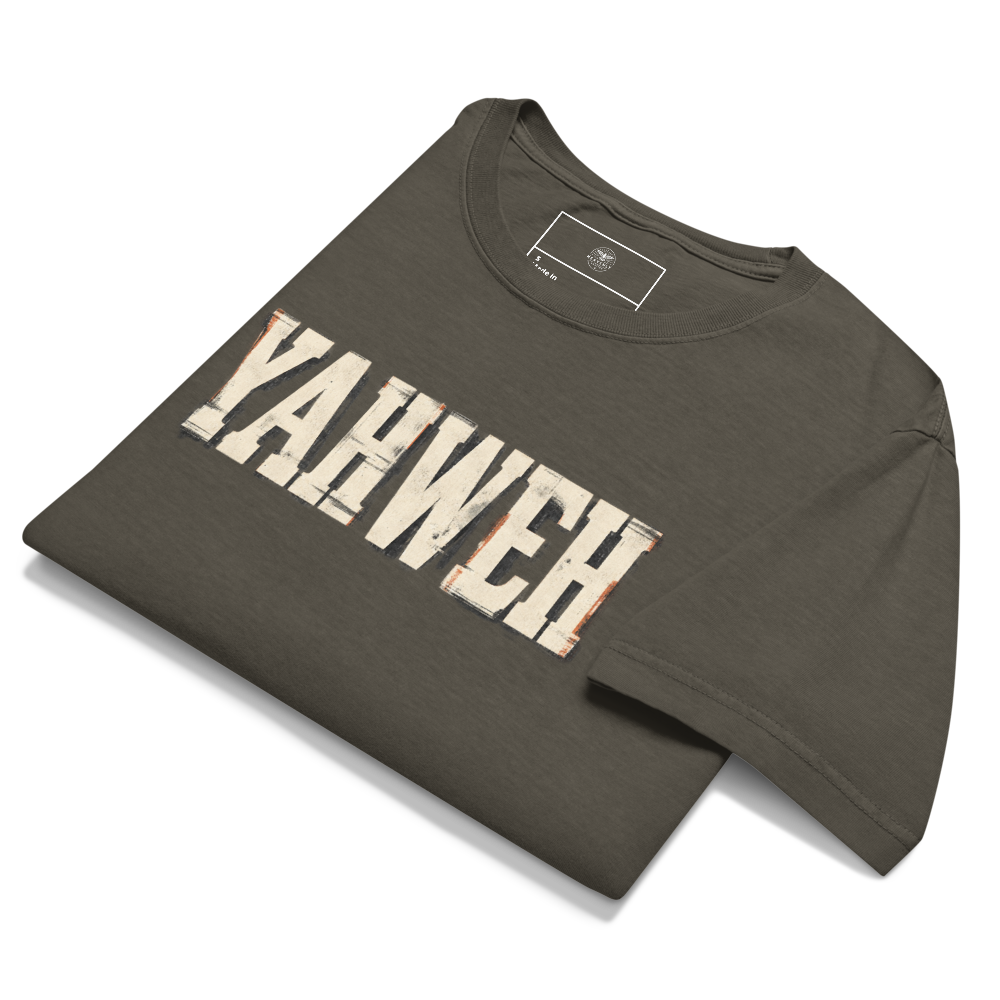 Yahweh Christian Oversized T-Shirt — Sacred Name Archive Edition — charcoal, front. Gospel Noir Christian T-shirt by Heavenly Crafted, Christian streetwear
