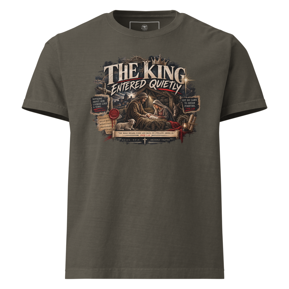 Christian Christmas Oversized T-Shirt — The King Entered Quietly — charcoal, front. Gospel Noir Christian T-shirt by Heavenly Crafted, Christmas Christian streetwear gift