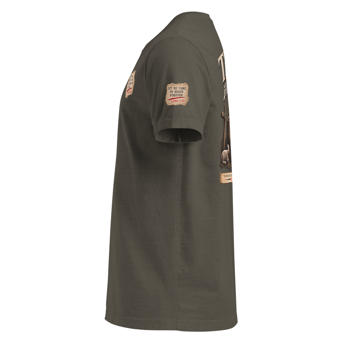 The King Came Quietly Christian Christmas oversized T-shirt — washed charcoal, left-side view