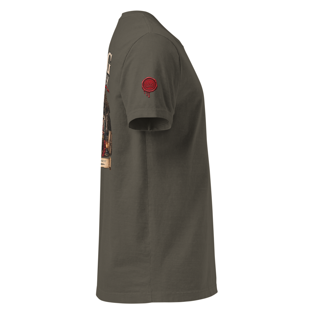 THE KING CAME QUIETLY Christian Christmas Oversized T-Shirt — The King Came Quietly — charcoal, right. Gospel Noir Christian T-shirt by Heavenly Crafted, Christmas Christian streetwear gift