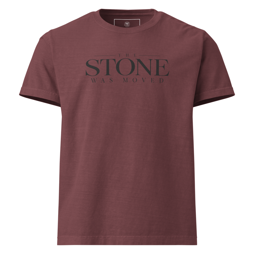 The Stone Was Gone by Morning Christian Resurrection Oversized T-Shirt — maroon, front. Gospel Noir Christian T-shirt by Heavenly Crafted, Bible verse shirt