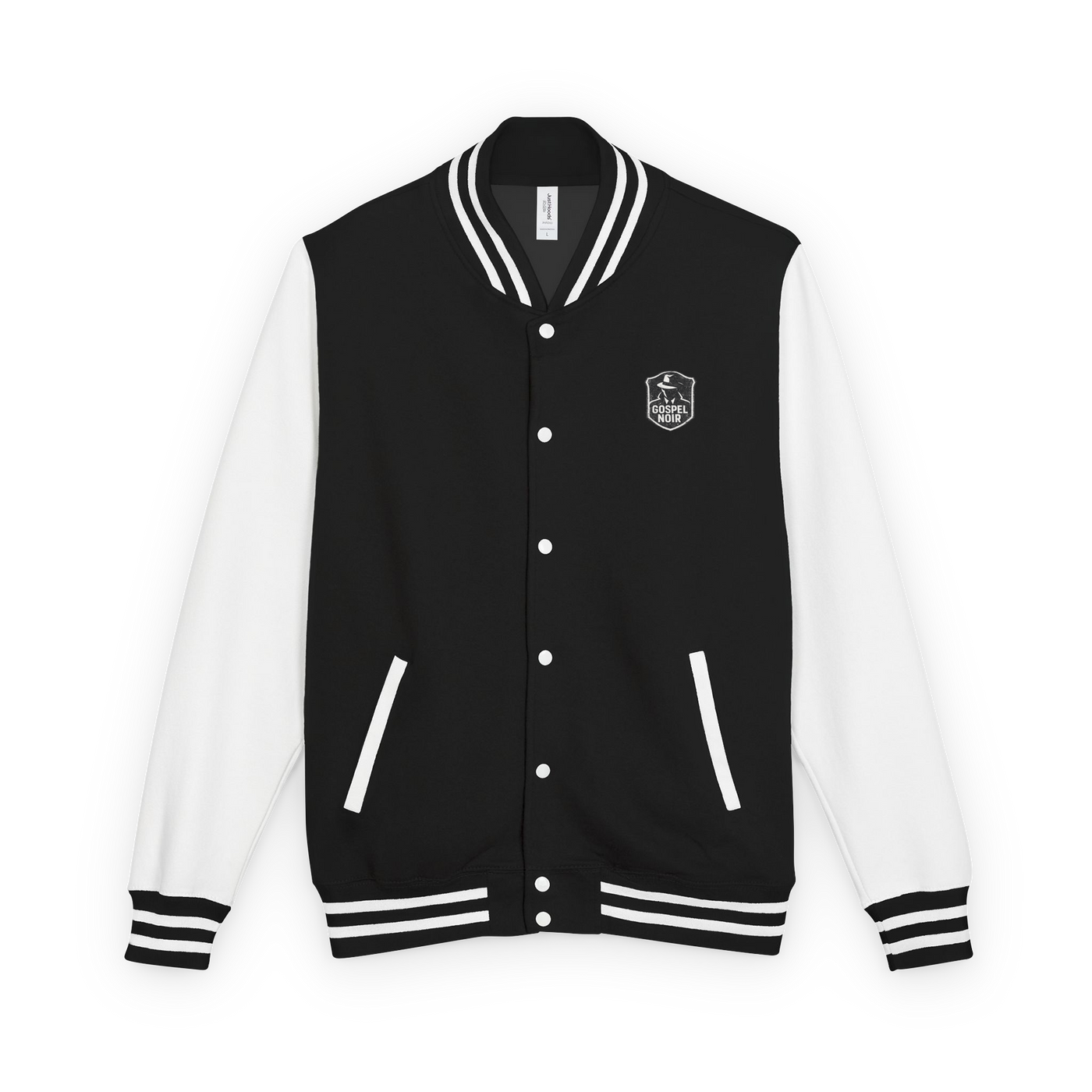 Gospel Noir Christian letterman jacket — black and white product front