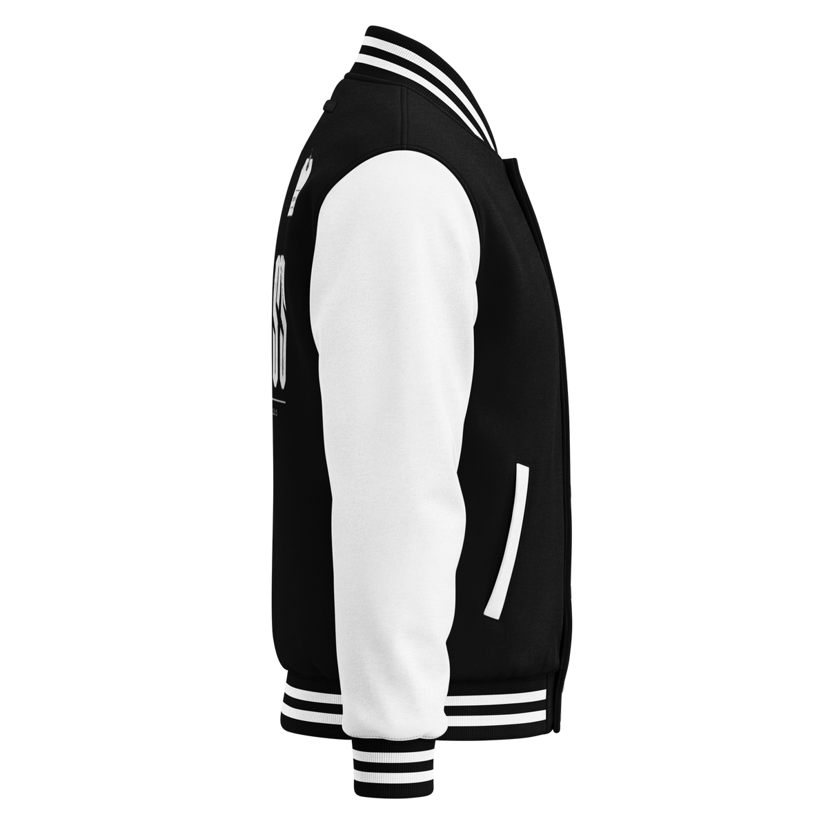 Gospel Noir Christian varsity jacket — black and white right side view