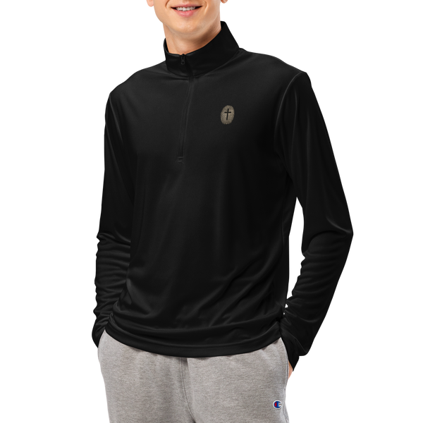 Fingerprint Cross Christian Quarter-Zip Pullover — black, front view. Gospel Noir Christian quarter-zip pullover by Heavenly Crafted, Christian streetwear