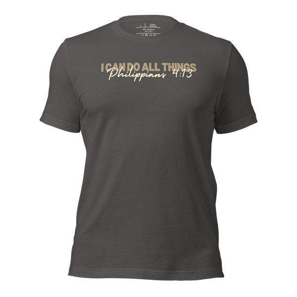 I Can Do All Things Philippians 4:13 Christian T-Shirt — product mockup. Gospel Noir Christian T-shirt by Heavenly Crafted, Christian streetwear