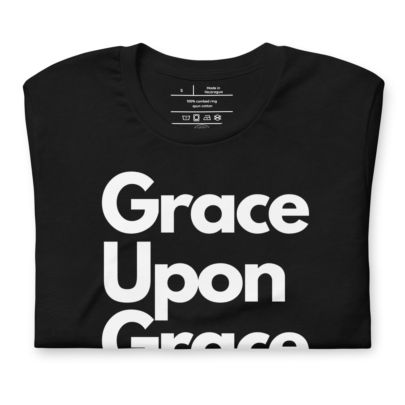 Grace Upon Grace John 1:16 Black Christian T-Shirt — white, folded view