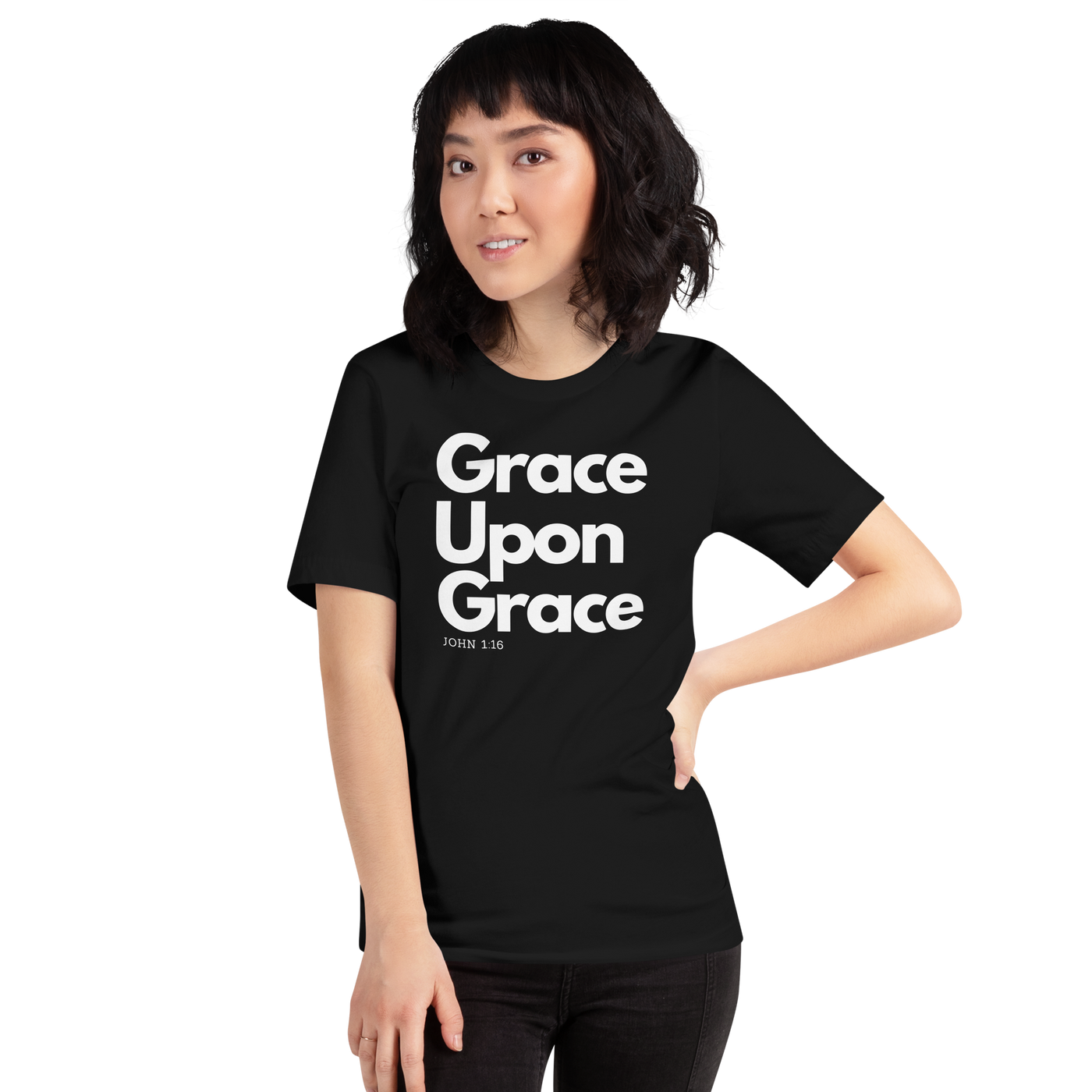Grace Upon Grace John 1:16 Black Christian T-Shirt — black, shown on model 2