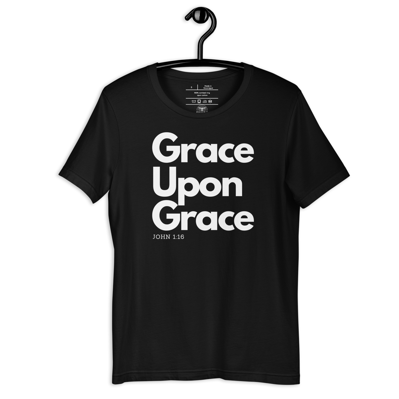 Grace Upon Grace John 1:16 Black Christian T-Shirt — black, front view 2