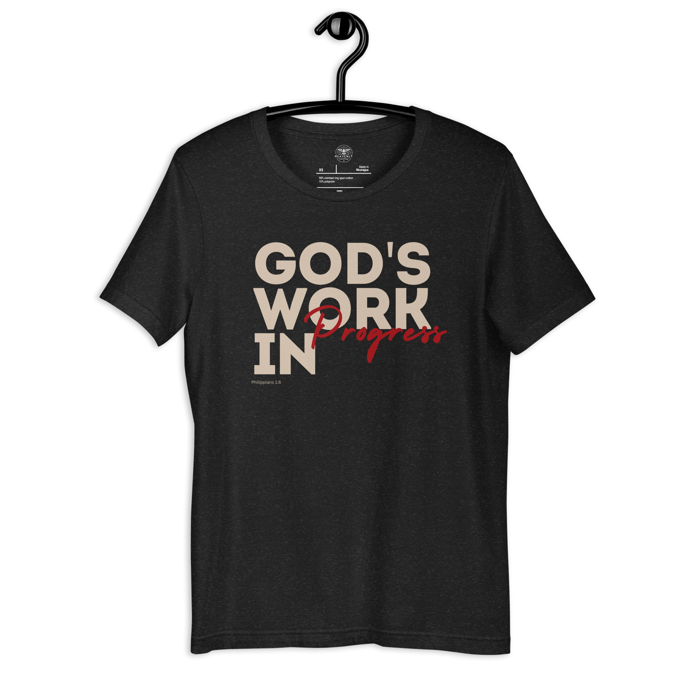 God’s Work in Progress Philippians 1:6 Christian T-Shirt — charcoal black, hanging view