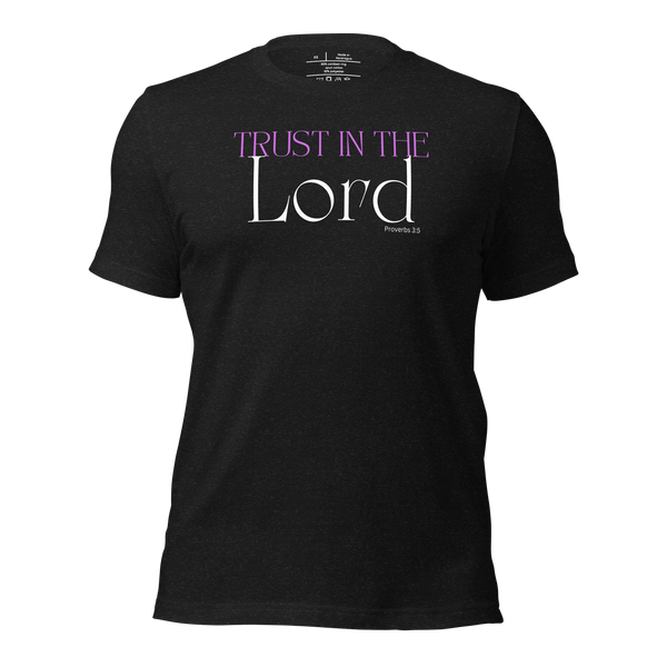 Trust in the Lord Proverbs 3:5 Christian T-Shirt — black heather, product mockup. Gospel Noir Christian T-shirt by Heavenly Crafted, Christian streetwear
