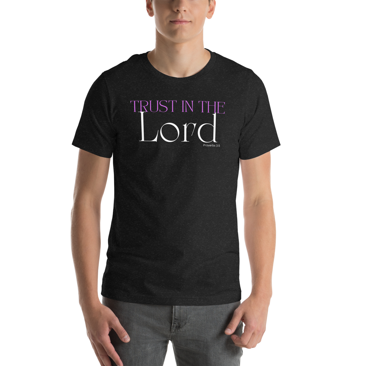 Trust in the Lord Proverbs 3:5 Christian T-Shirt — black heather, front view 2