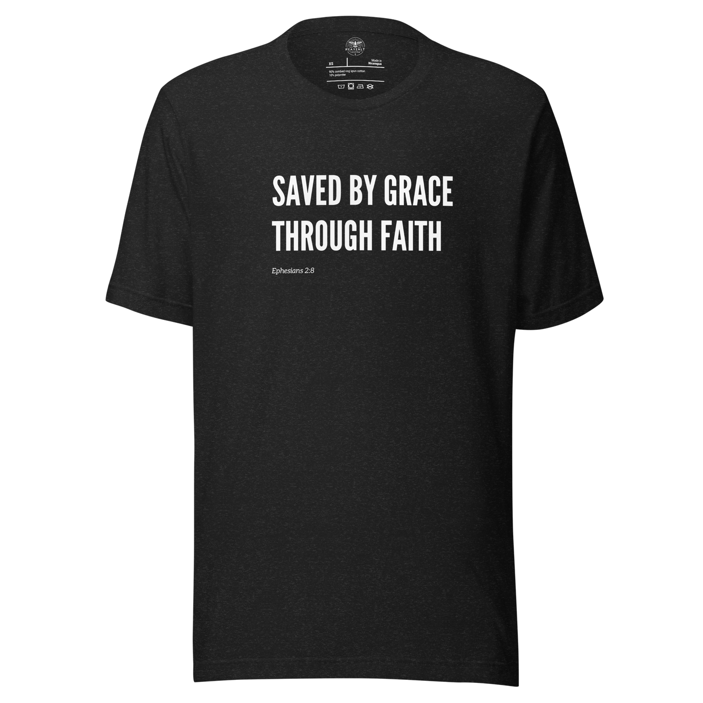 Saved by Grace Through Faith Ephesians 2:8 T-Shirt — black heather, front view