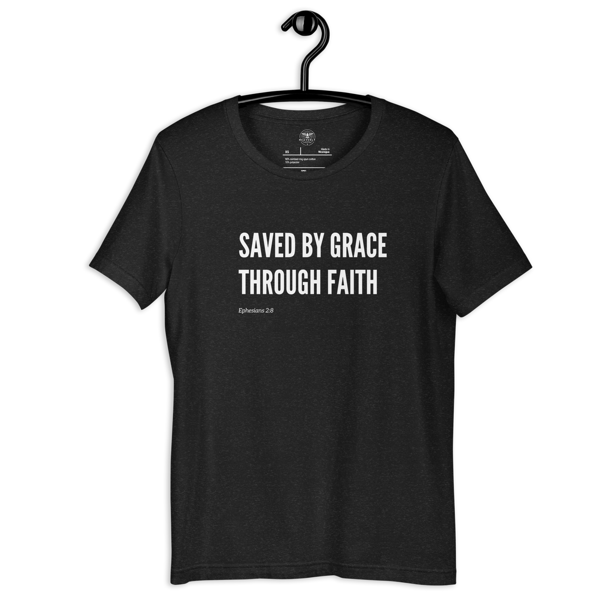 Saved by Grace Through Faith Ephesians 2:8 T-Shirt — black heather, hanging view