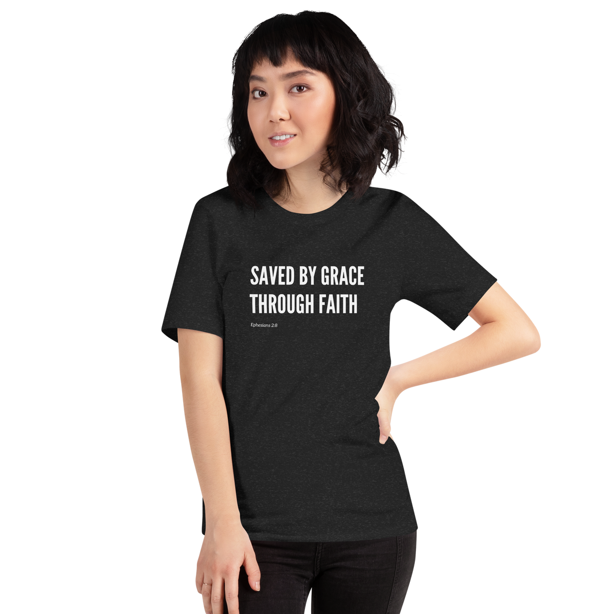 Saved by Grace Through Faith Ephesians 2:8 T-Shirt — black heather, product mockup 3