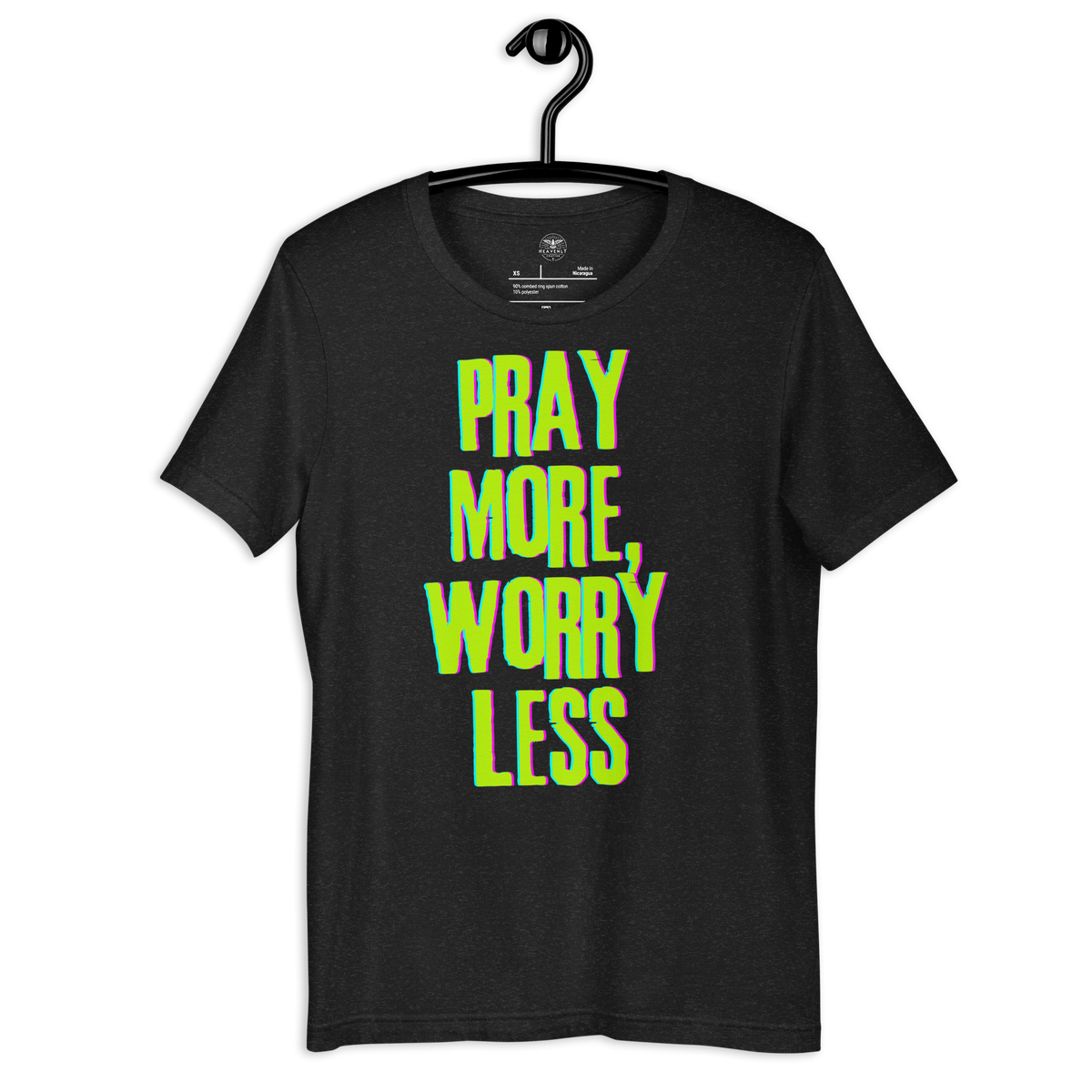 Pray More, Worry Less Philippians 4:6 Christian T-Shirt — black heather, front view 2