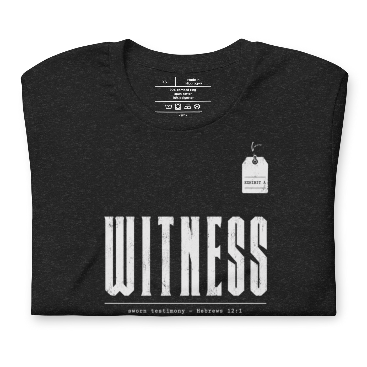 Witness Hebrews 12:1 Christian T-Shirt — black, folded view