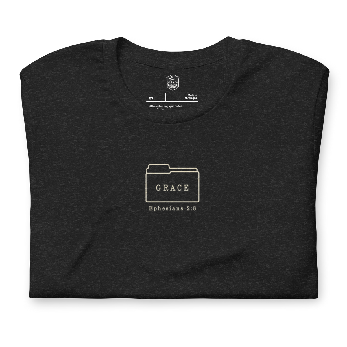 Filed Under Grace Ephesians 2:8 Christian T-Shirt — vintage black, folded view