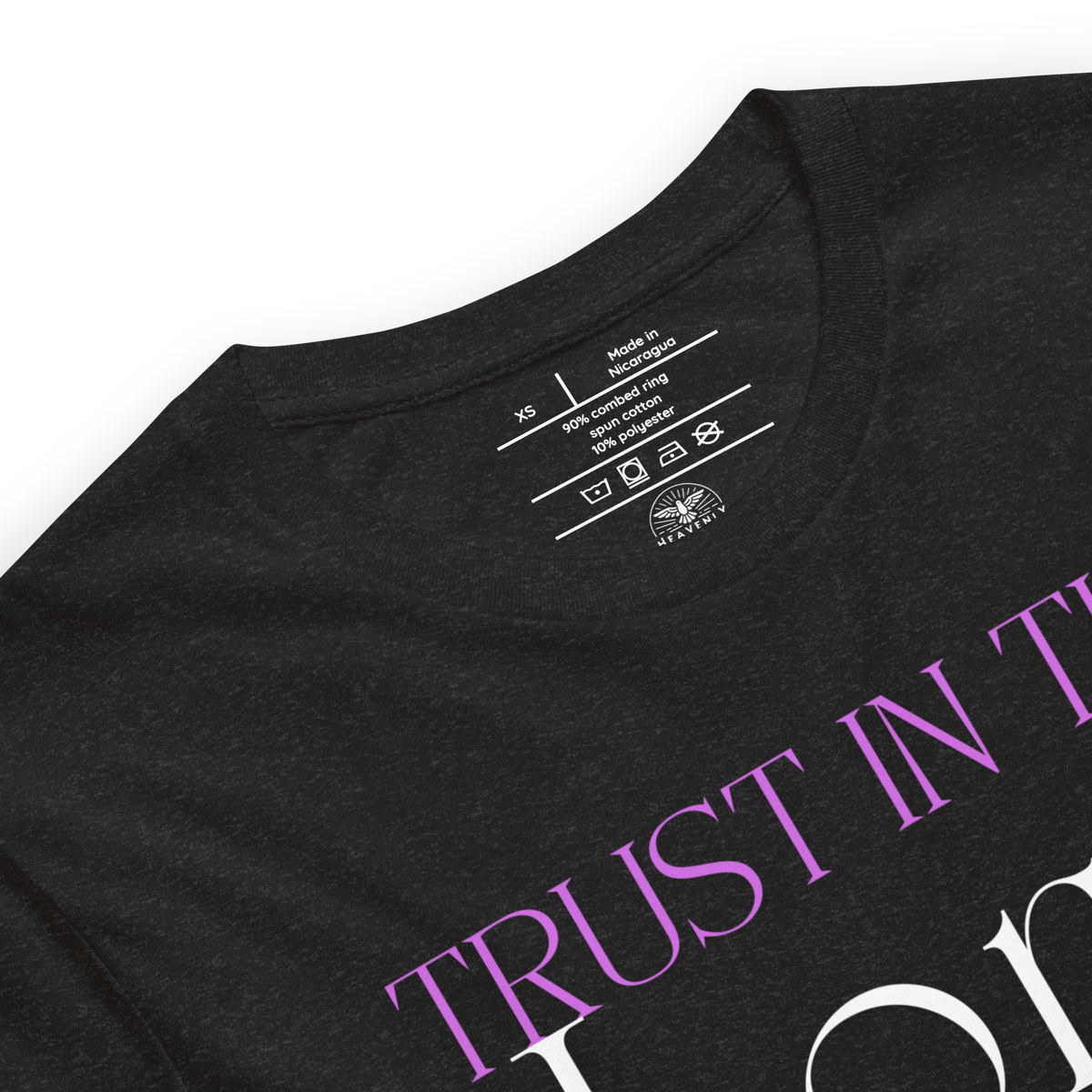 Trust in the Lord Proverbs 3:5 Christian T-Shirt — black heather, label and care detail 2