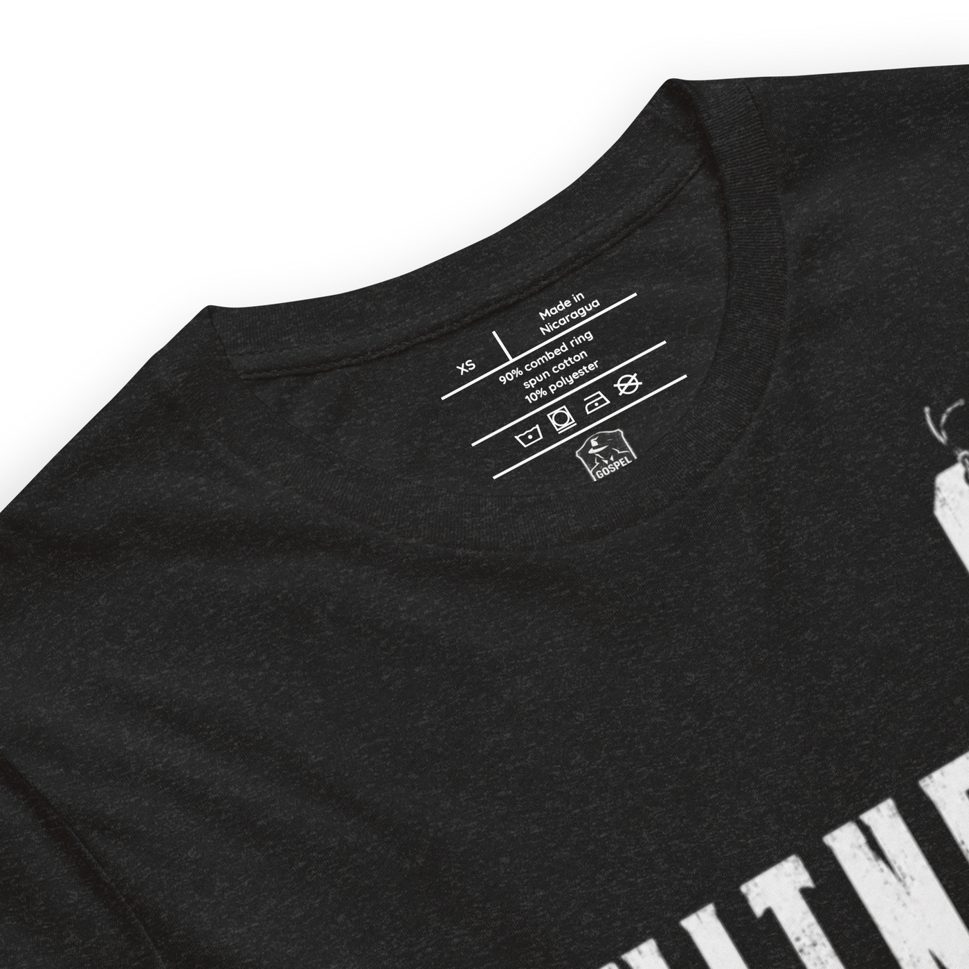 Witness Hebrews 12:1 Christian T-Shirt — black, label and care detail