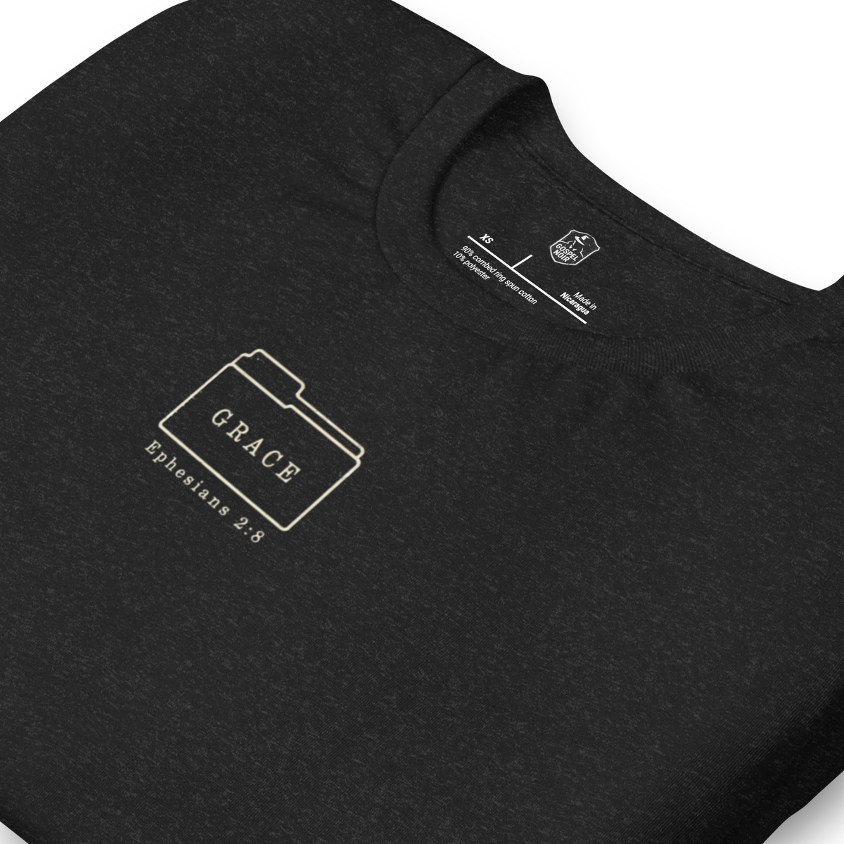 Filed Under Grace Ephesians 2:8 Christian T-Shirt — vintage black, folded view 2
