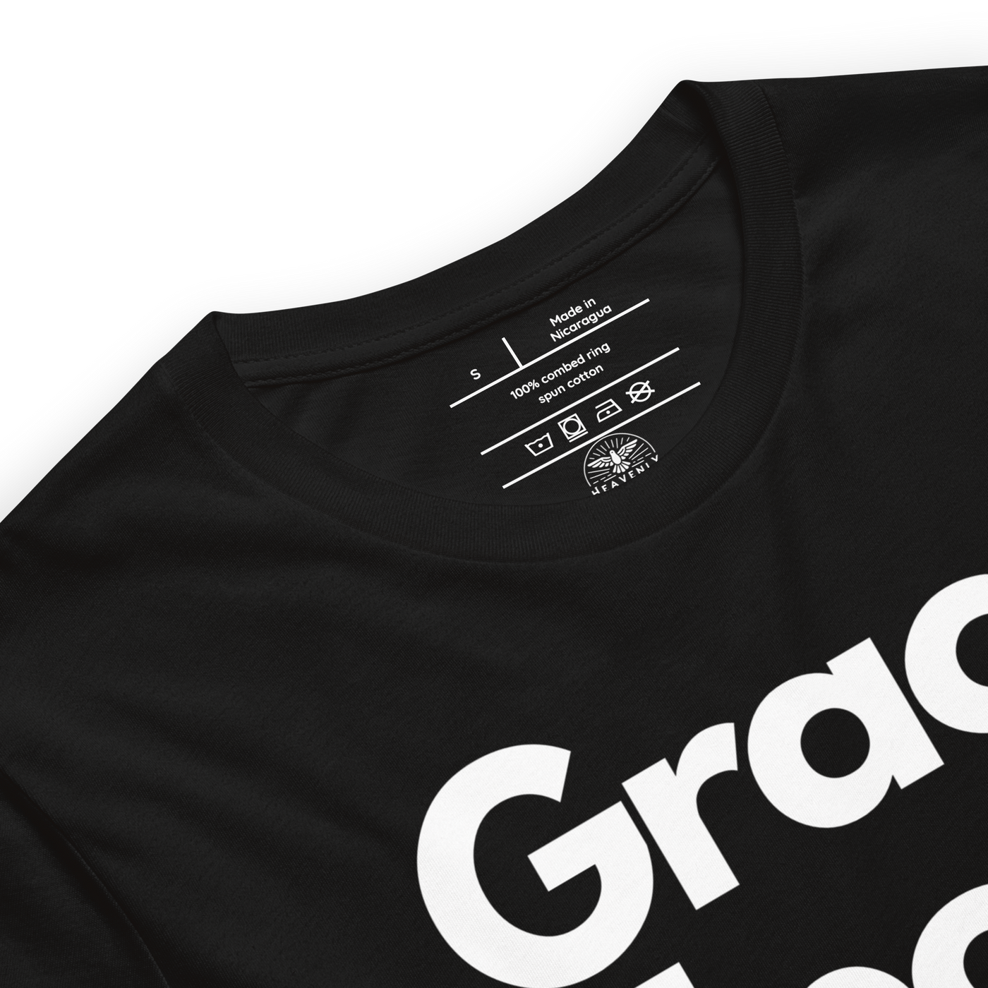 Grace Upon Grace John 1:16 Black Christian T-Shirt — black, label and care detail