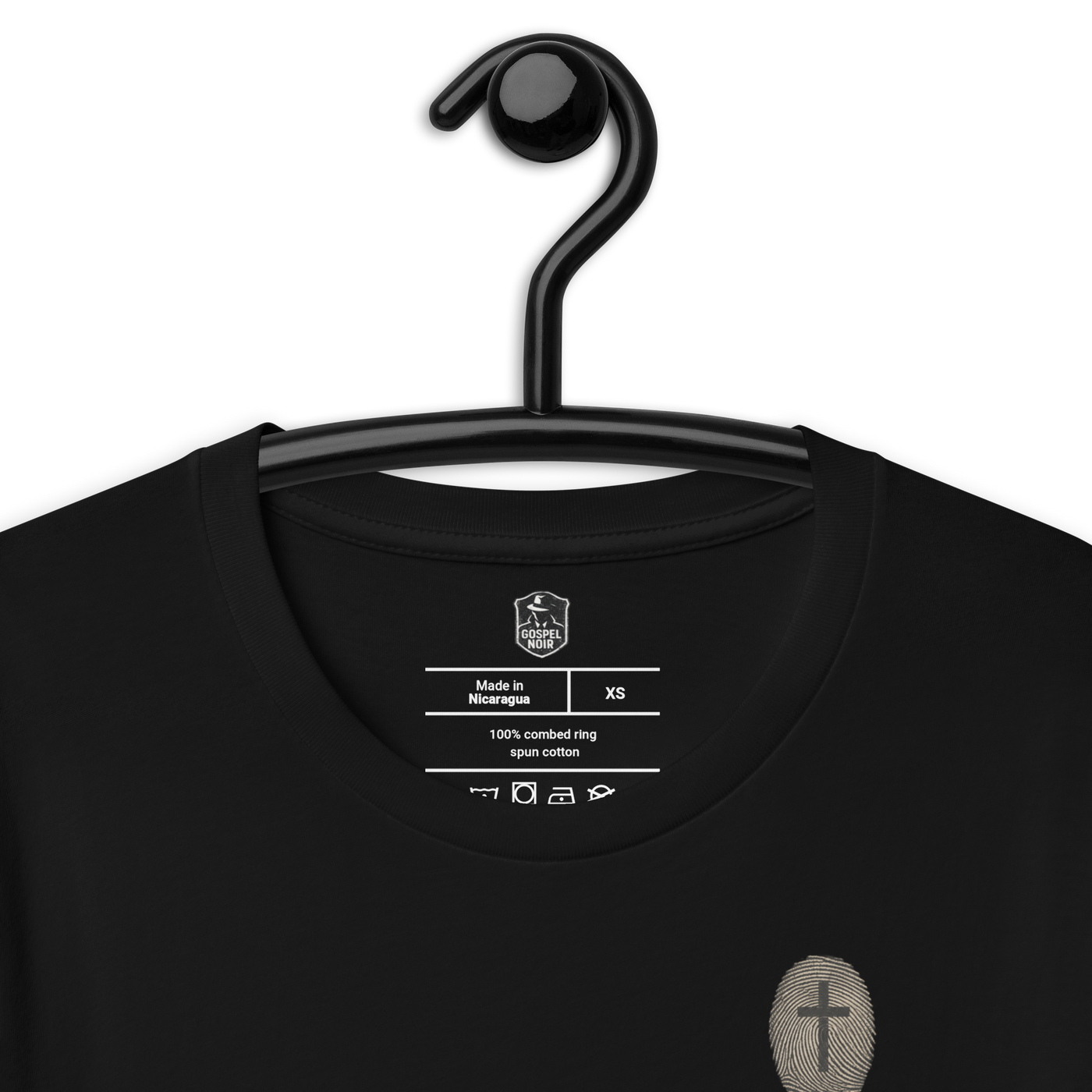 Unsolved? He Is Risen Christian T-Shirt – Black — black, label and care detail 2