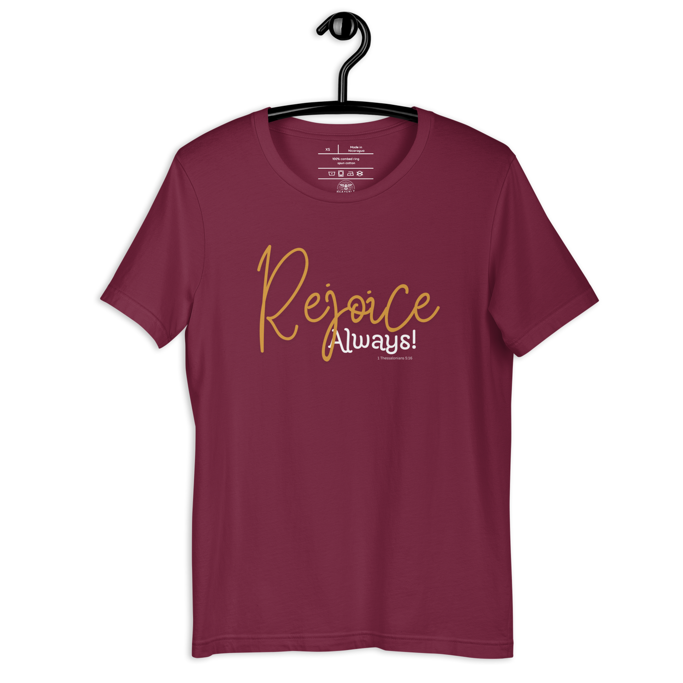 Rejoice Always 1 Thessalonians 5:16 Christian T-Shirt — maroon, front view 2