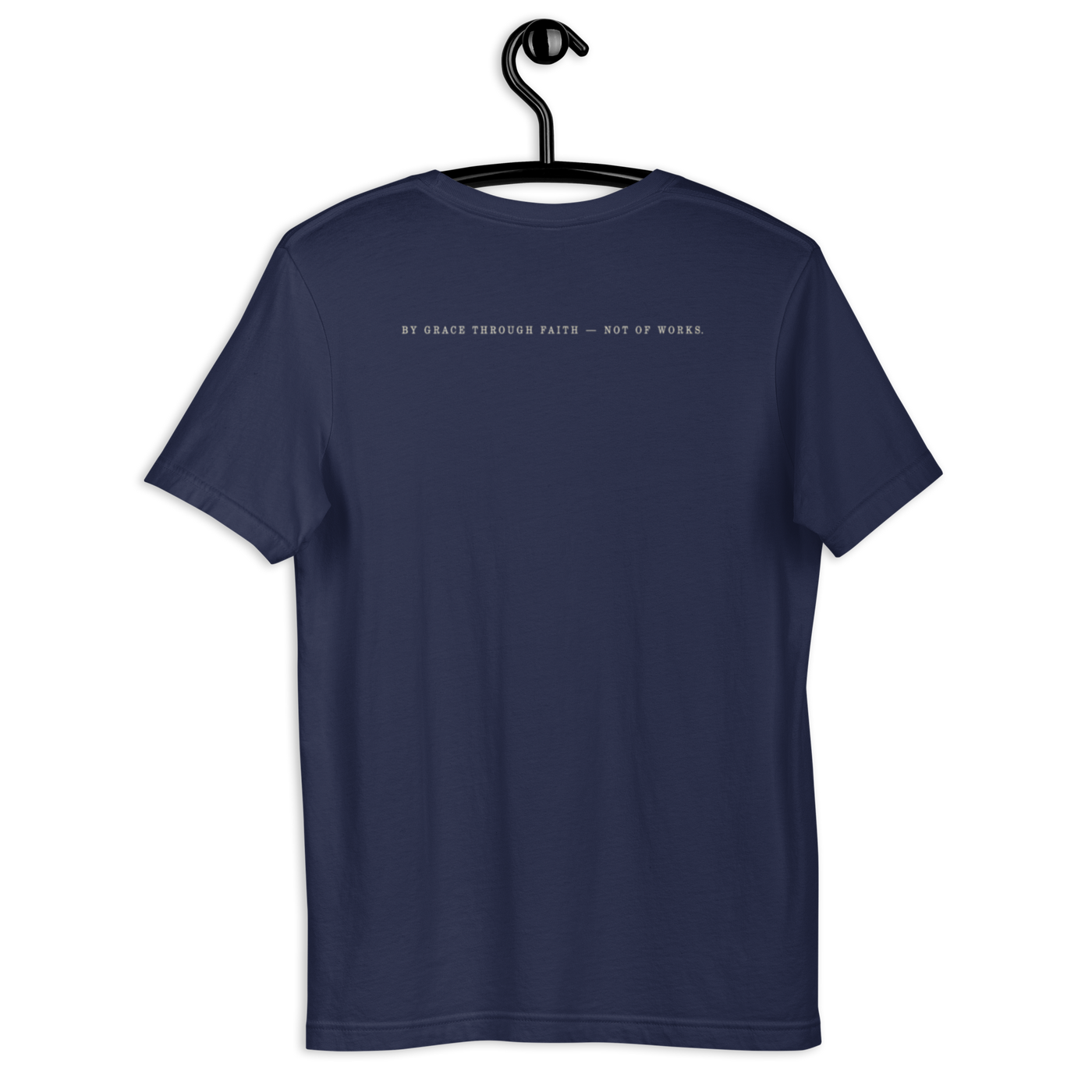 Filed Under Grace Ephesians 2:8 Christian T-Shirt — navy, back view