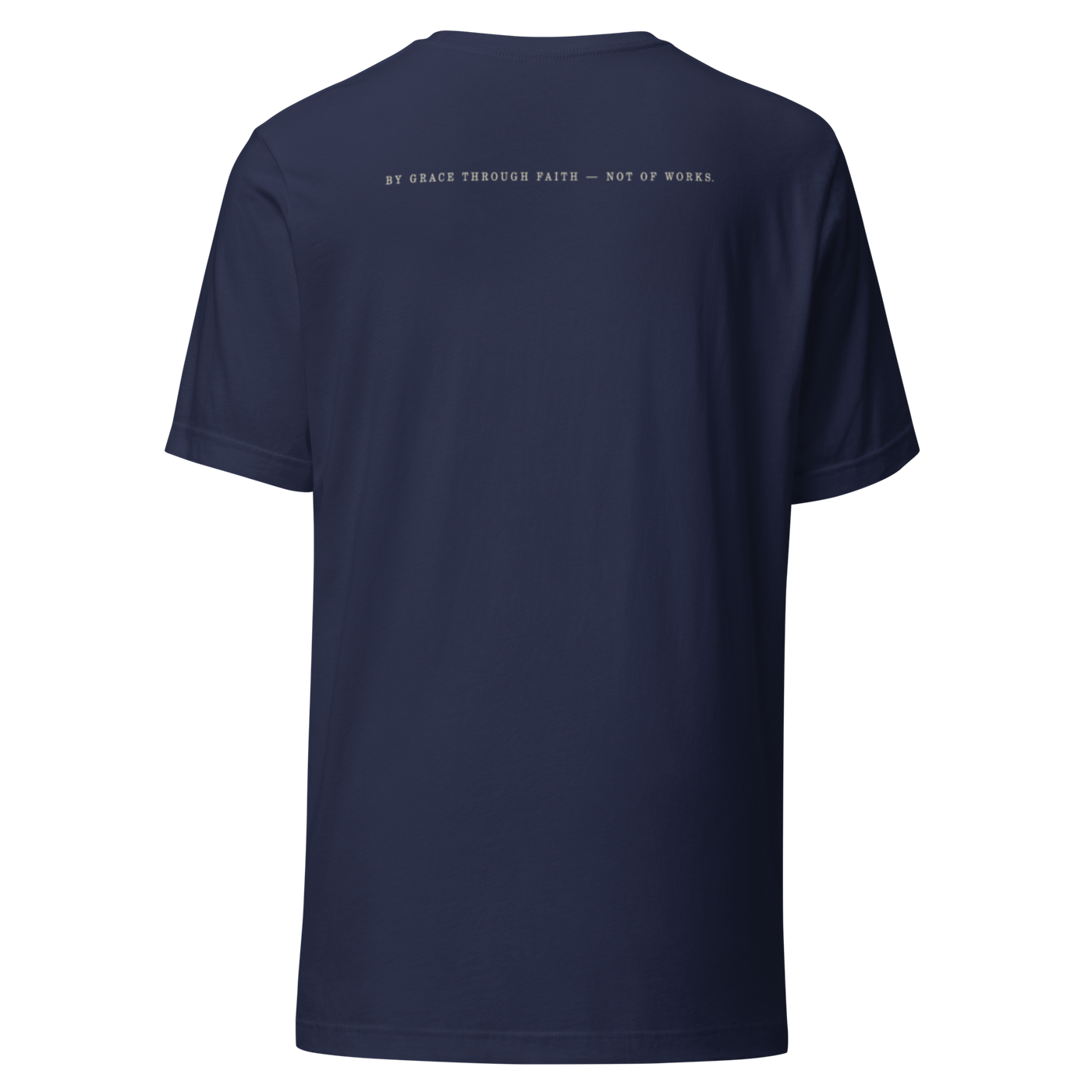 Filed Under Grace Ephesians 2:8 Christian T-Shirt — navy, back view 2