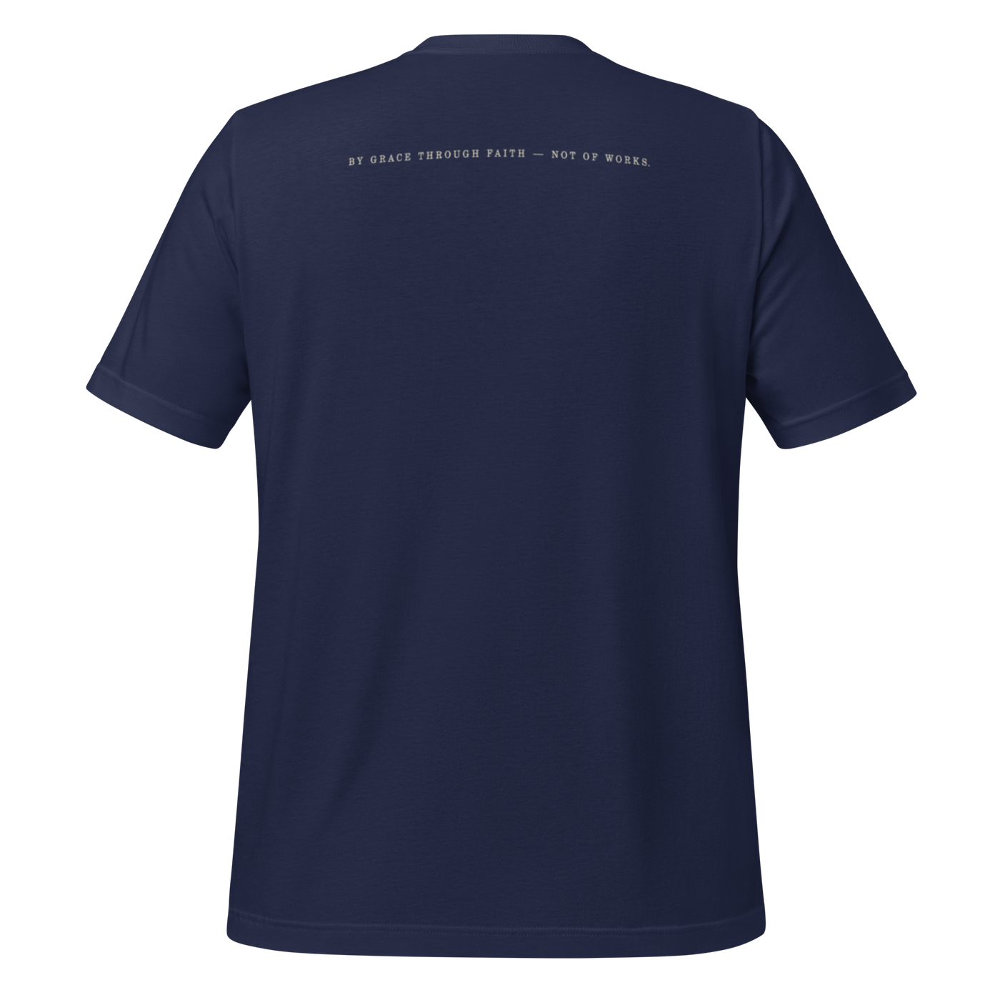 Filed Under Grace Ephesians 2:8 Christian T-Shirt — navy, back view 3