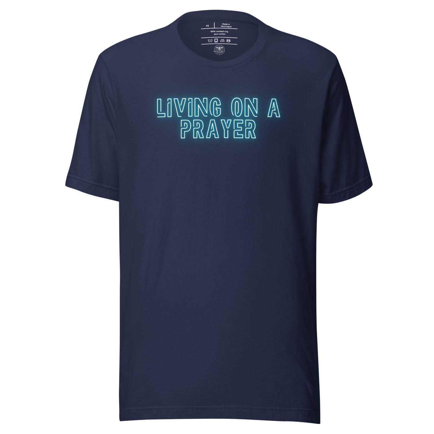 Living on a Prayer Navy Christian T-Shirt — navy, product mockup 2