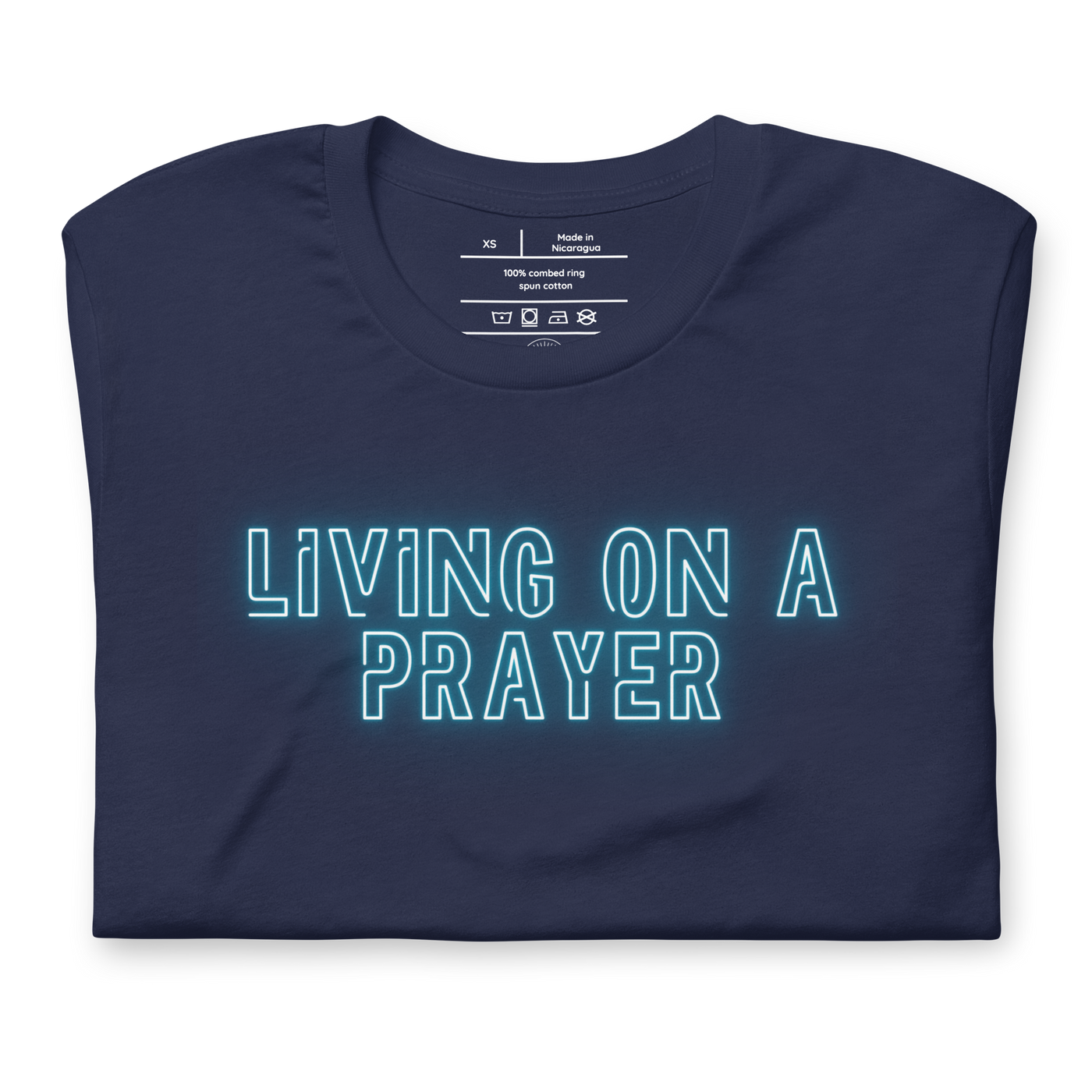 Living on a Prayer Navy Christian T-Shirt — navy, folded view