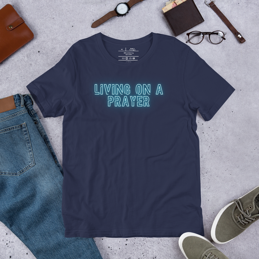 Living on a Prayer Navy Christian T-Shirt — navy, product mockup 3